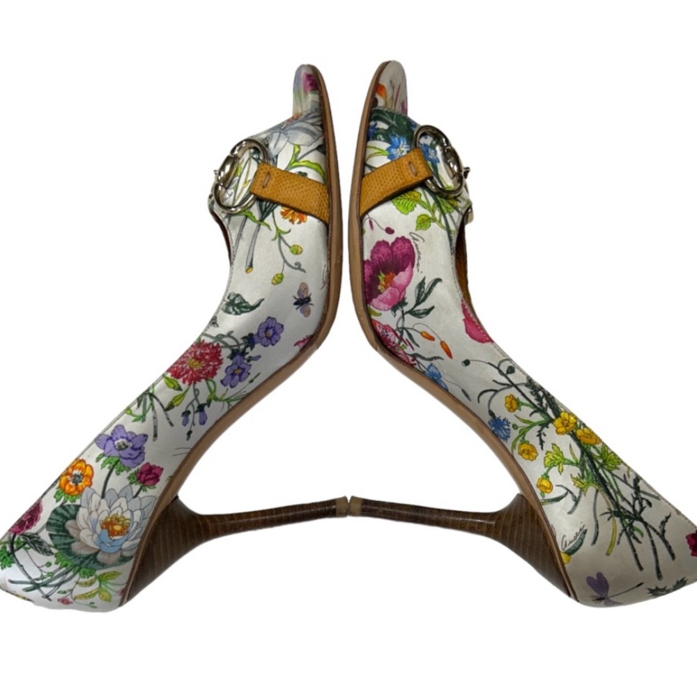 Gucci Satin Horsebit Pumps US 10 White Floral Peep Toe High Heels Buckles - Picture 11 of 12